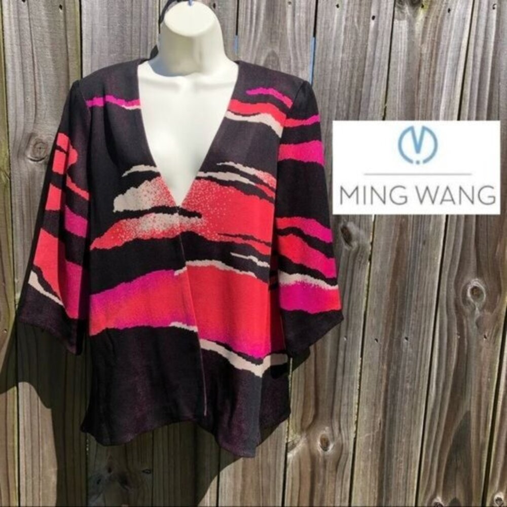 Ming Wang Medium Cardigan Jacket Sweater Top Black Pink V Neck